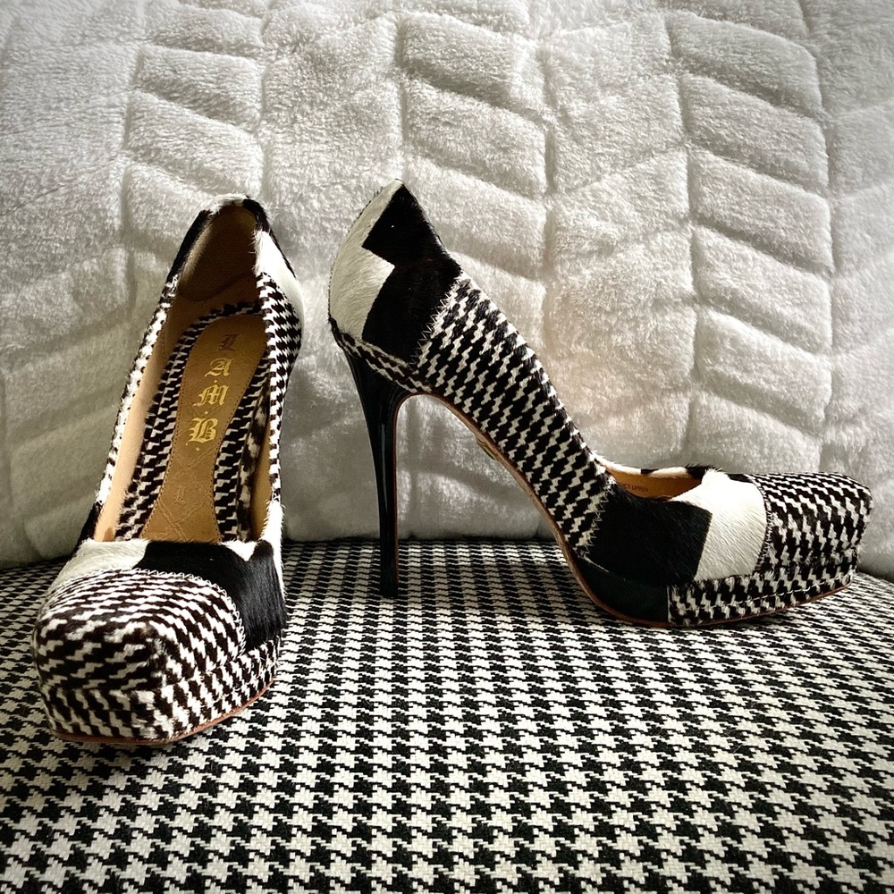 L.A.M.B Houndstooth Juva Calf Hair platform Heels, ORG Box&Dust bag! - Picture 3 of 16